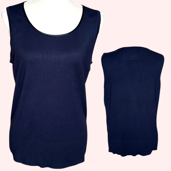 Audrey & Grace Navy Blue Shell Tank Simple Sleeveless Classic Satin Trim Size L - Picture 3 of 11